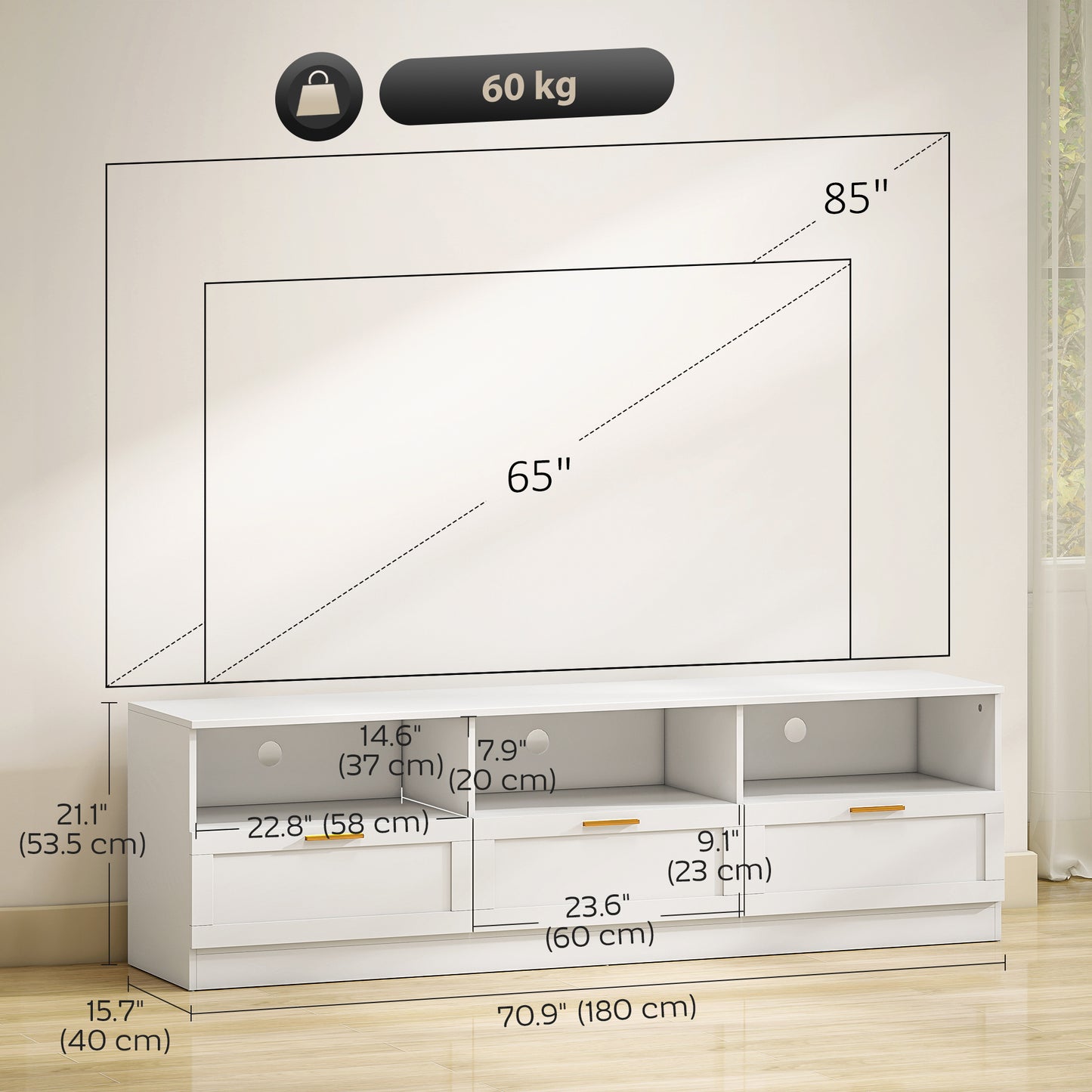 TV Stand with Storage, Modern Entertainment Center with 3 Cabinets and 3 Open Shelves, for TVs up to 85", White