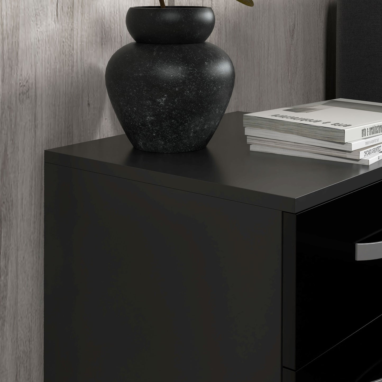 Bedside Table Set of 2, Modern Nightstand with Drawers and High Gloss Fronts, Night Table for Bedroom, Black