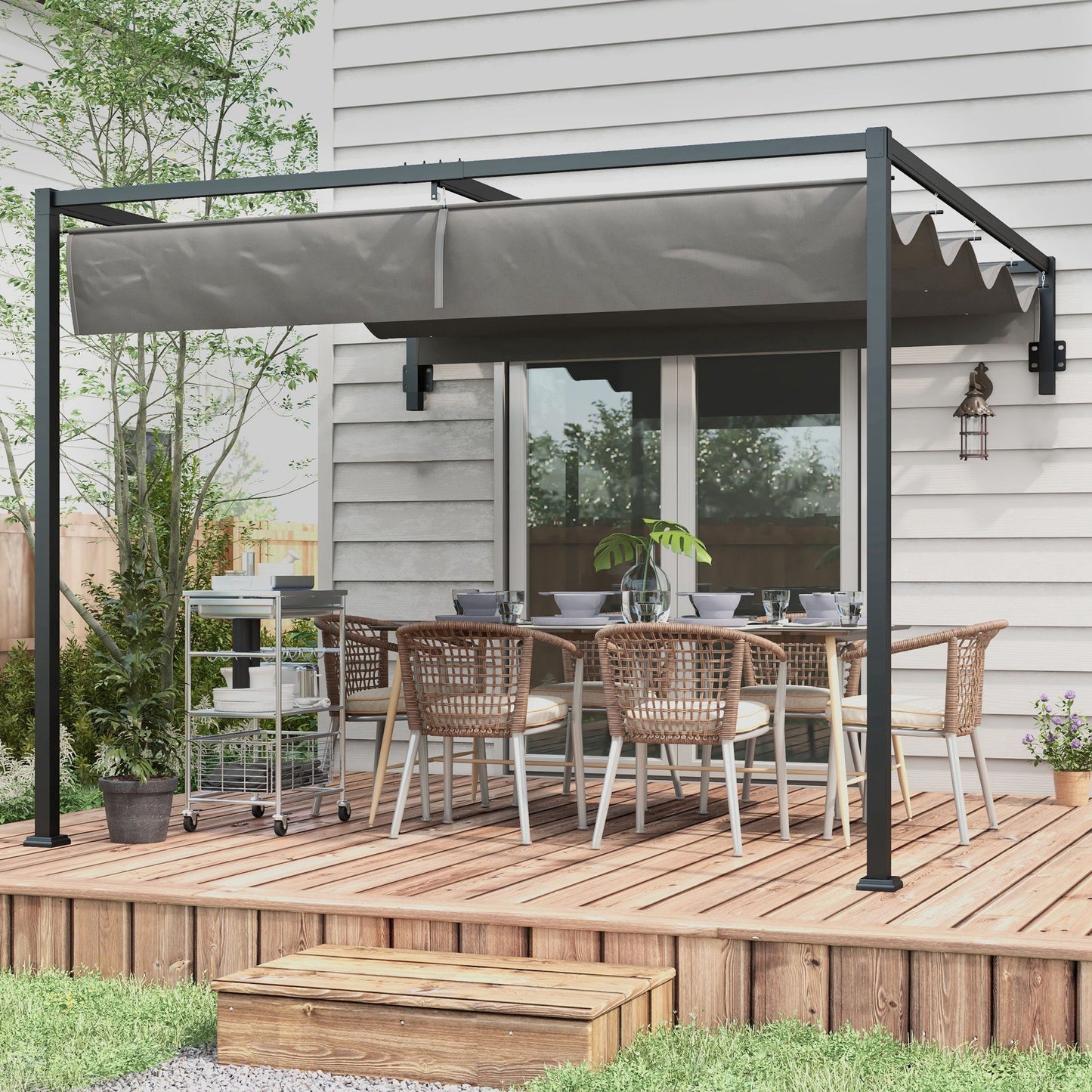 10' x 7' Lean To Pergola, Metal Pergola with Retractable Roof for Grill, Garden, Patio, Deck