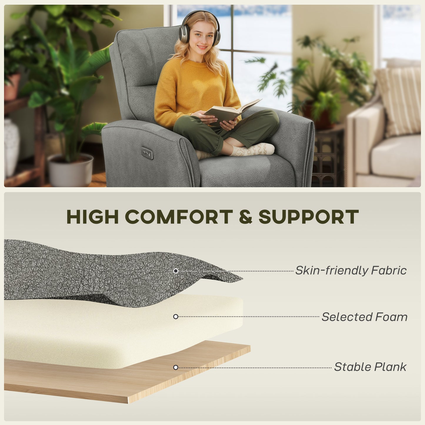 Power Recliner Chair, Dyed Fabric (Like Leathaire) Upholstered Recliner Chair with USB Ports, Footrest, Grey