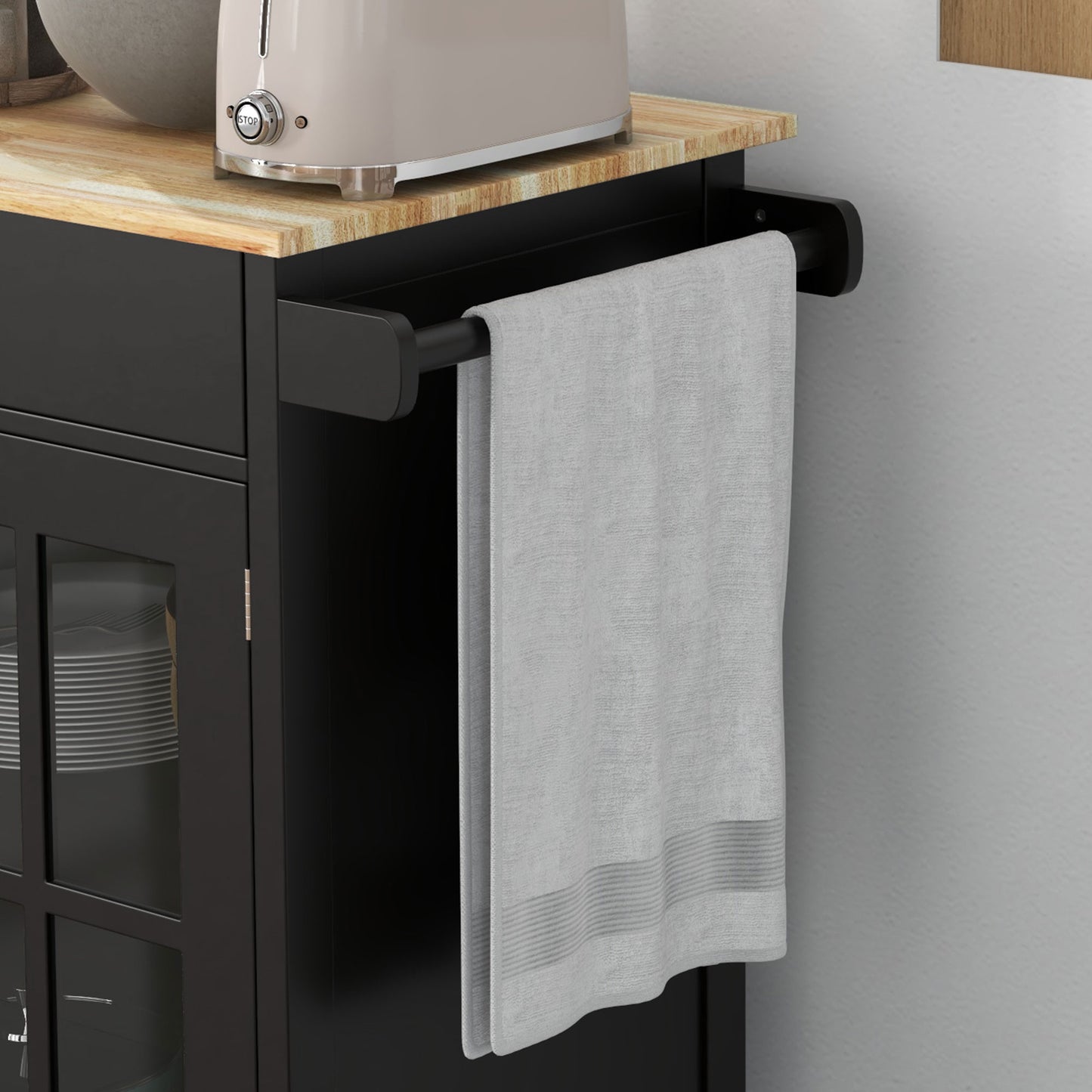 Rolling Kitchen Cart with Drawer and Glass Door Cabinet, Kitchen Island on Wheels with Towel Rack, Black