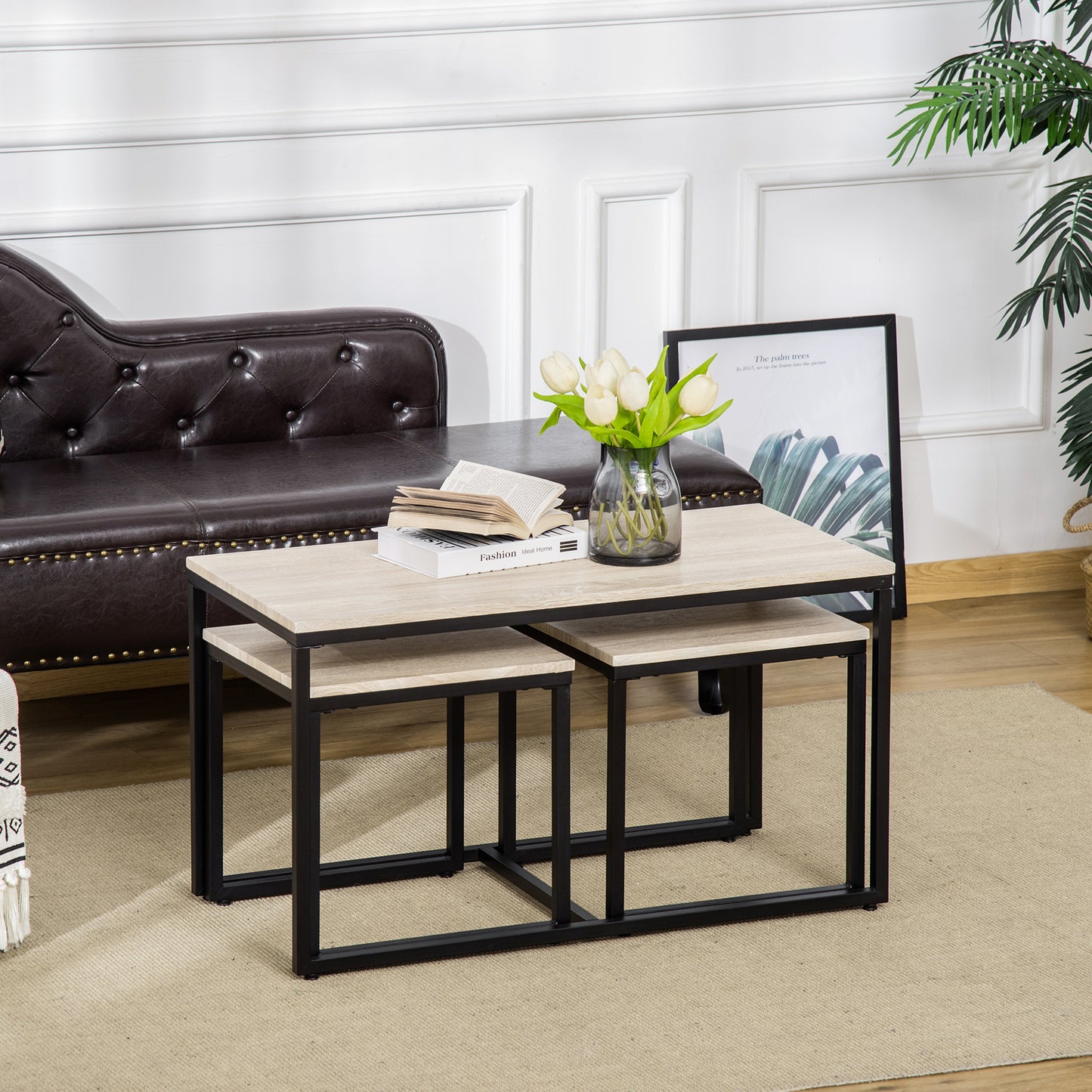 Nesting Coffee Table Set of 3, Modern End Tables with Black Metal Frame for Living Room Home Furniture, Natural