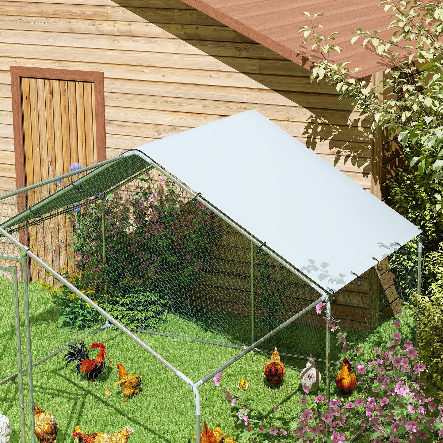 Metal Chicken Coop, 9.8 x 11.2 FT Walk-in Chicken Run with Cover, Lockable Door, Outdoor Poultry Cage for 10-15 Chickens