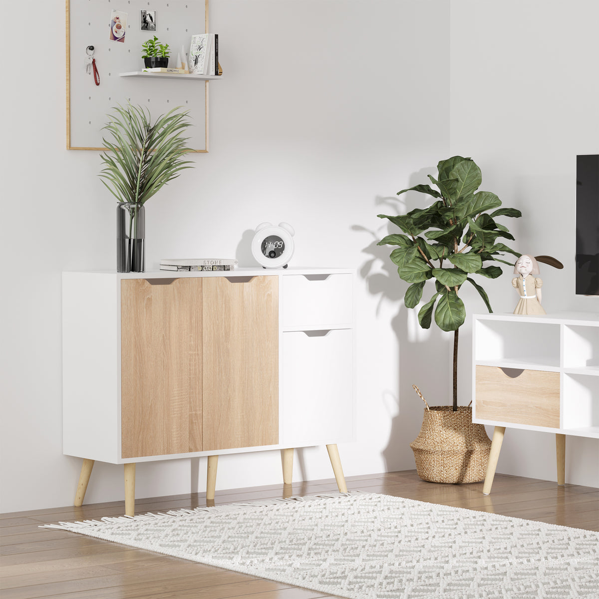 35" Sideboard Storage Cabinet with Drawer, White and Nature Wood