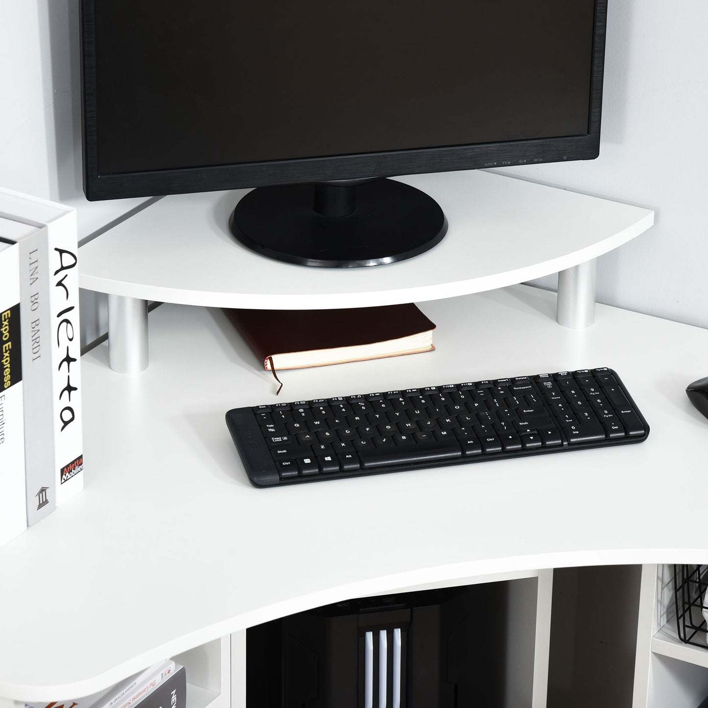 35" L-Shaped Computer Desk with Monitor Stand and Open Shelves, Home Office Corner Desk Study Workstation for Small Space, White