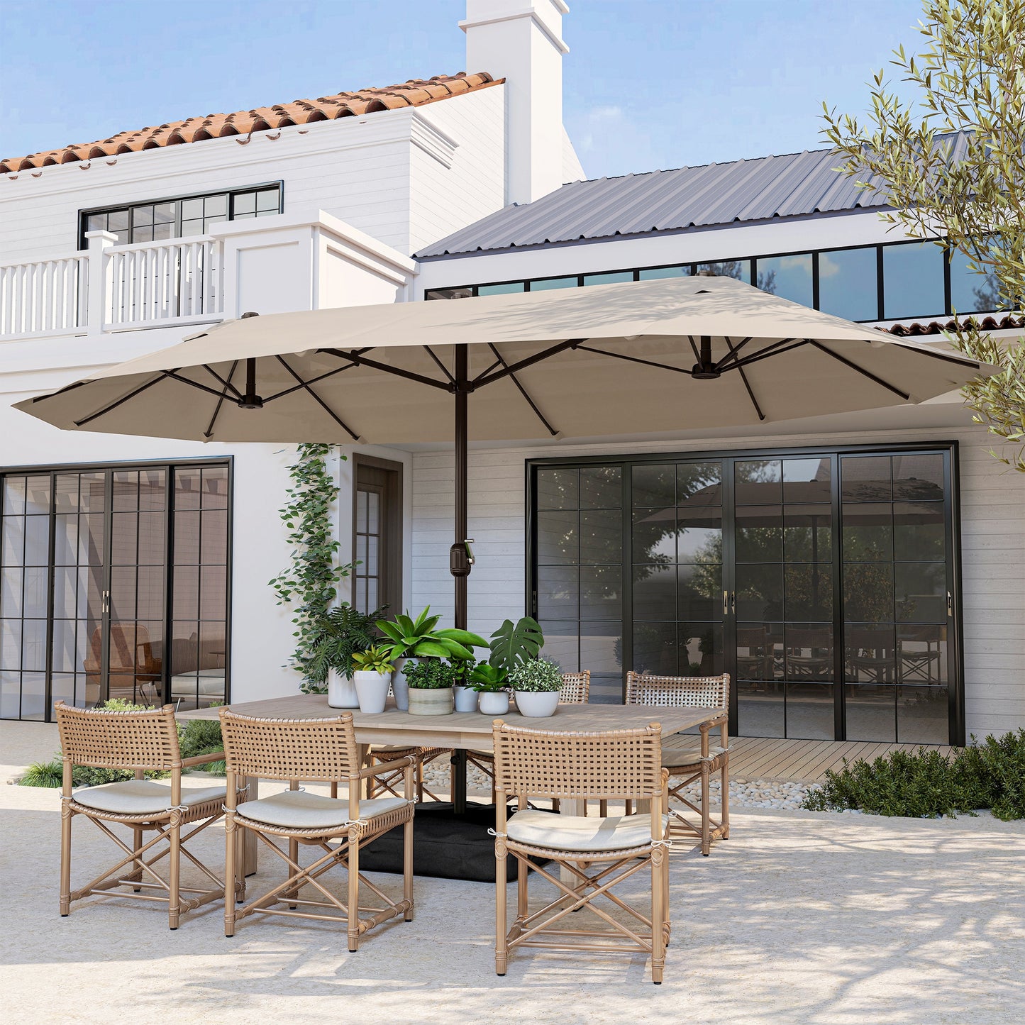 15' Outdoor Patio Umbrella with Twin Canopy Sunshade Steel Table Umbrella w/ Lift Crank, Cross Base, Sandbag, Khaki