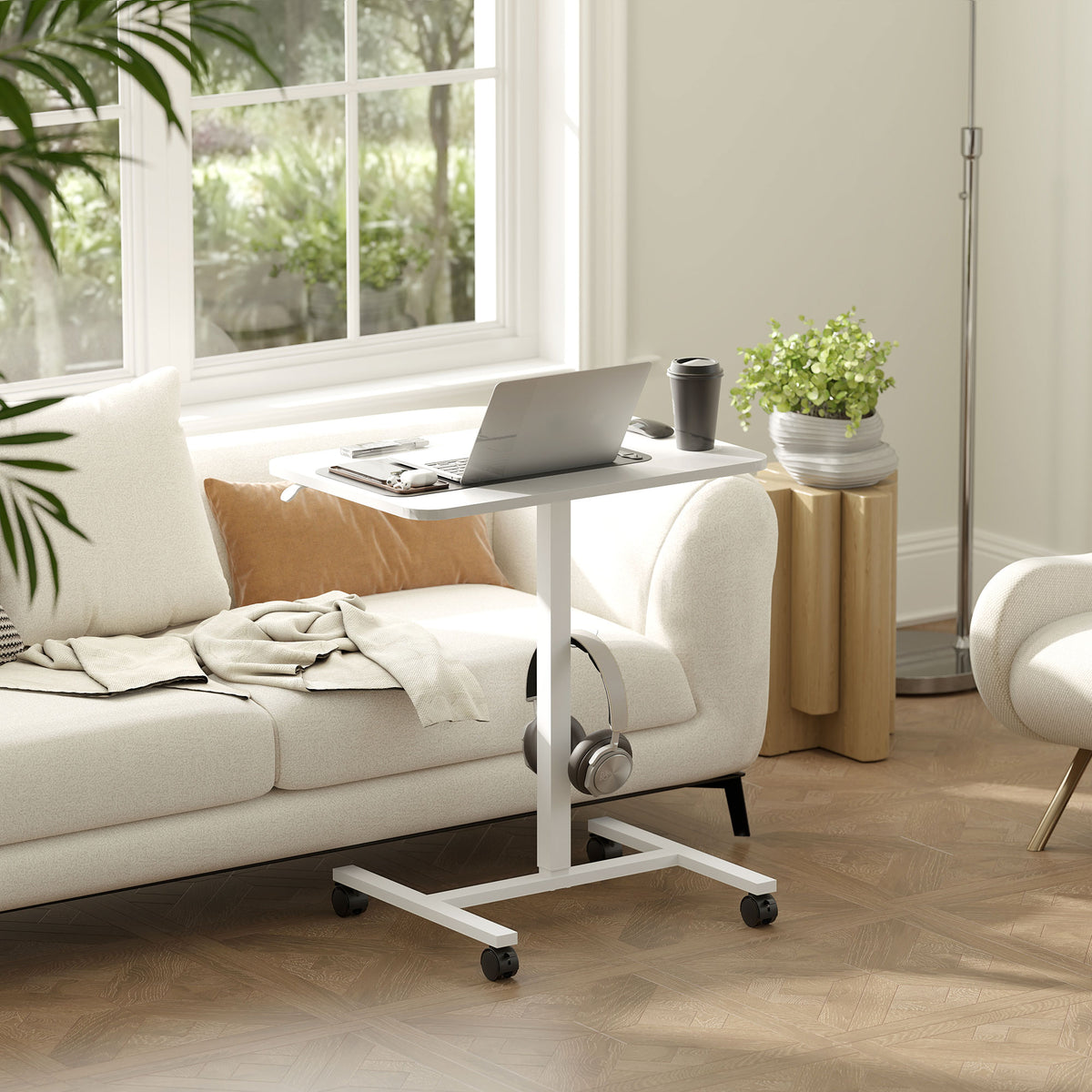 Height Adjustable Standing Desk, Pneumatic Sit Stand Desk with Wheels and Headphone Hook, White Wood Grain
