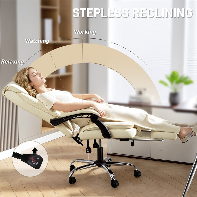 Executive Leather Office Chair with Footrest - Beige