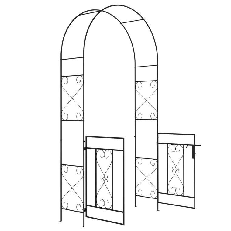 7.6FT Black Metal Garden Arch with Gate & Trellis