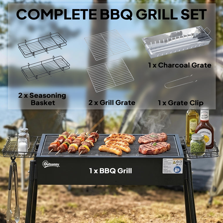 Black Portable Charcoal BBQ Grill with Seasoning Baskets
