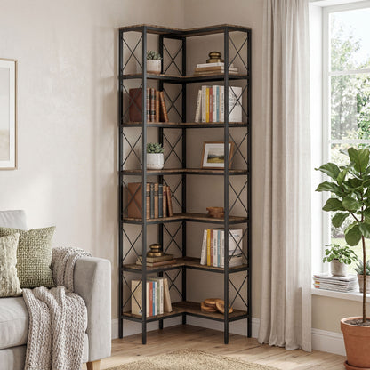6-Tier L-Shaped Corner Bookcase with Metal Frame - Rustic Brown