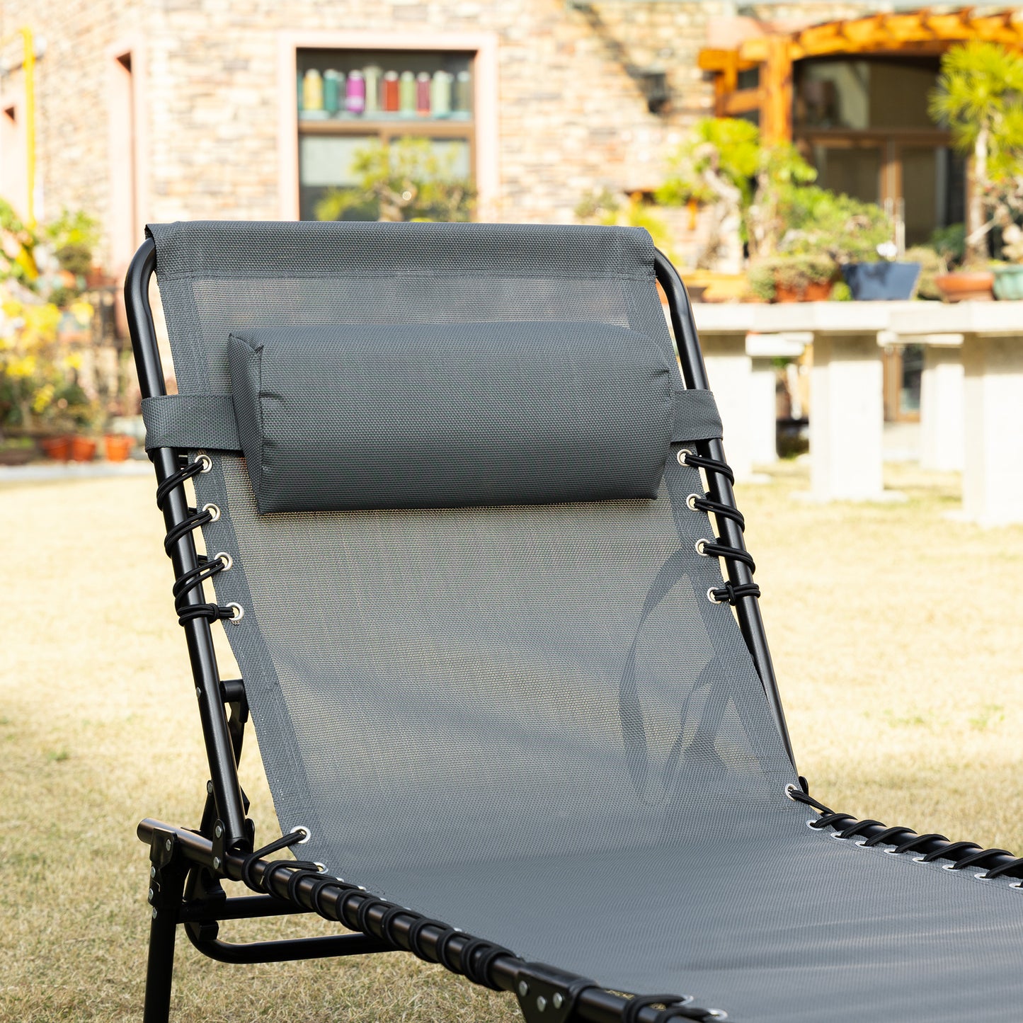 Outdoor Folding Chaise Lounge, Reclining Lounge Chair with Adjustable Backrest and Removable Pillow, Grey