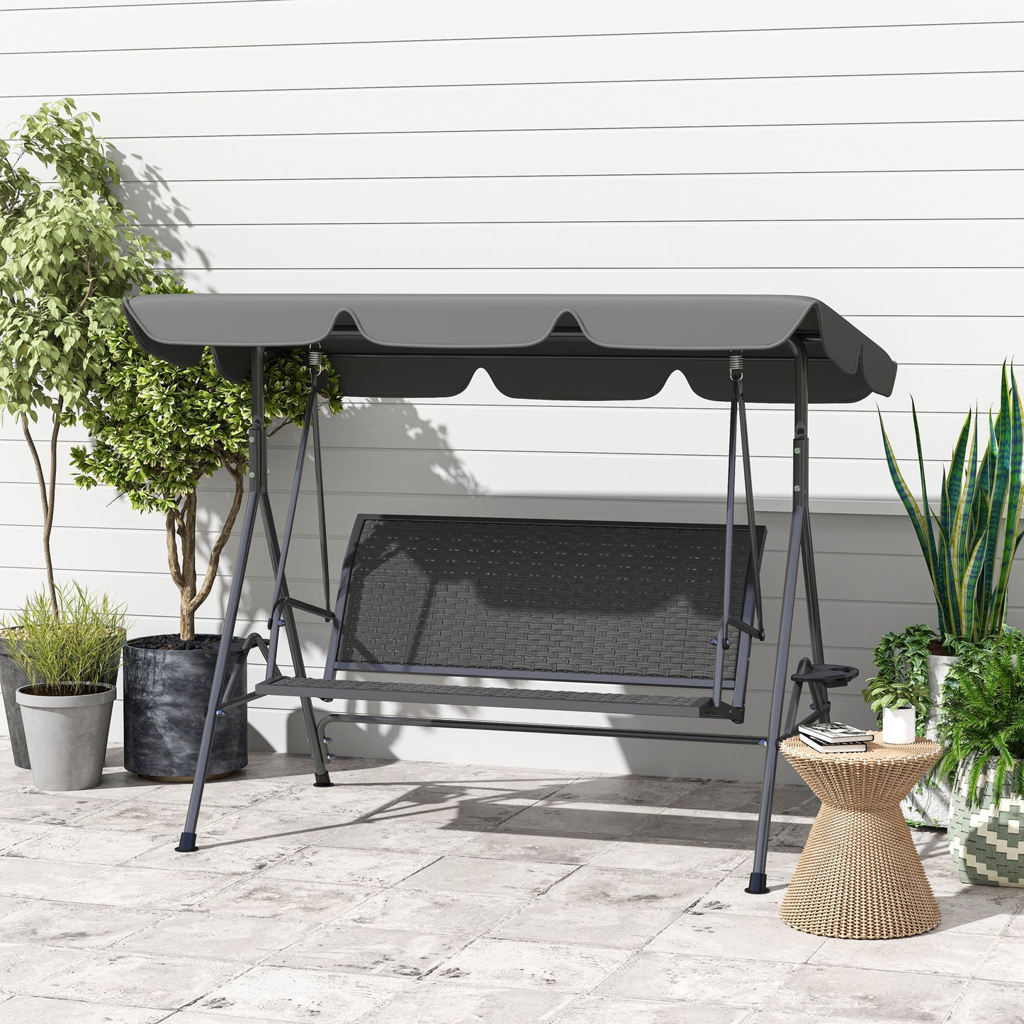 3-Seat Patio Swing Chair, Outdoor Canopy Swing Glider with Adjustable Shade, Grey