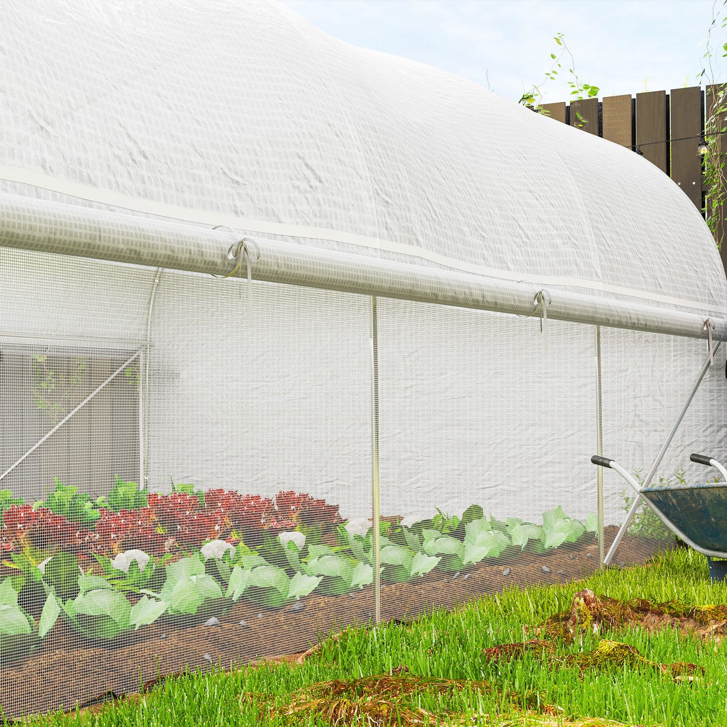 19.5' x 10' x 6.6' Tunnel Greenhouse Outdoor Green House with Roll-up Mesh Sidewalls, Mesh Door, Galvanized Steel, Wind Resistant, White