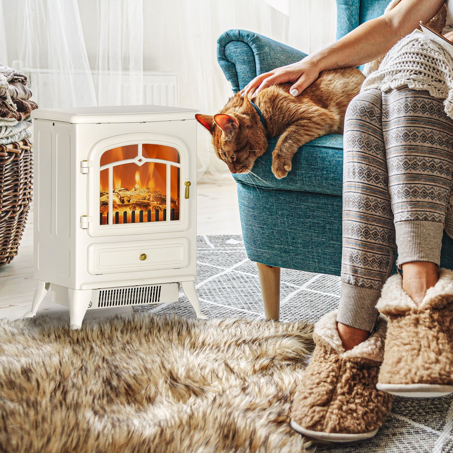 16" Freestanding Electric Fireplace Heater Fire Stove with Wood Burning Flame 750/1500W Beige
