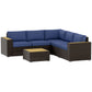 6 Pieces Outdoor Rattan Patio Furniture Set with Corner Sofa, Wood-Plastic Coffee Table, Navy Blue