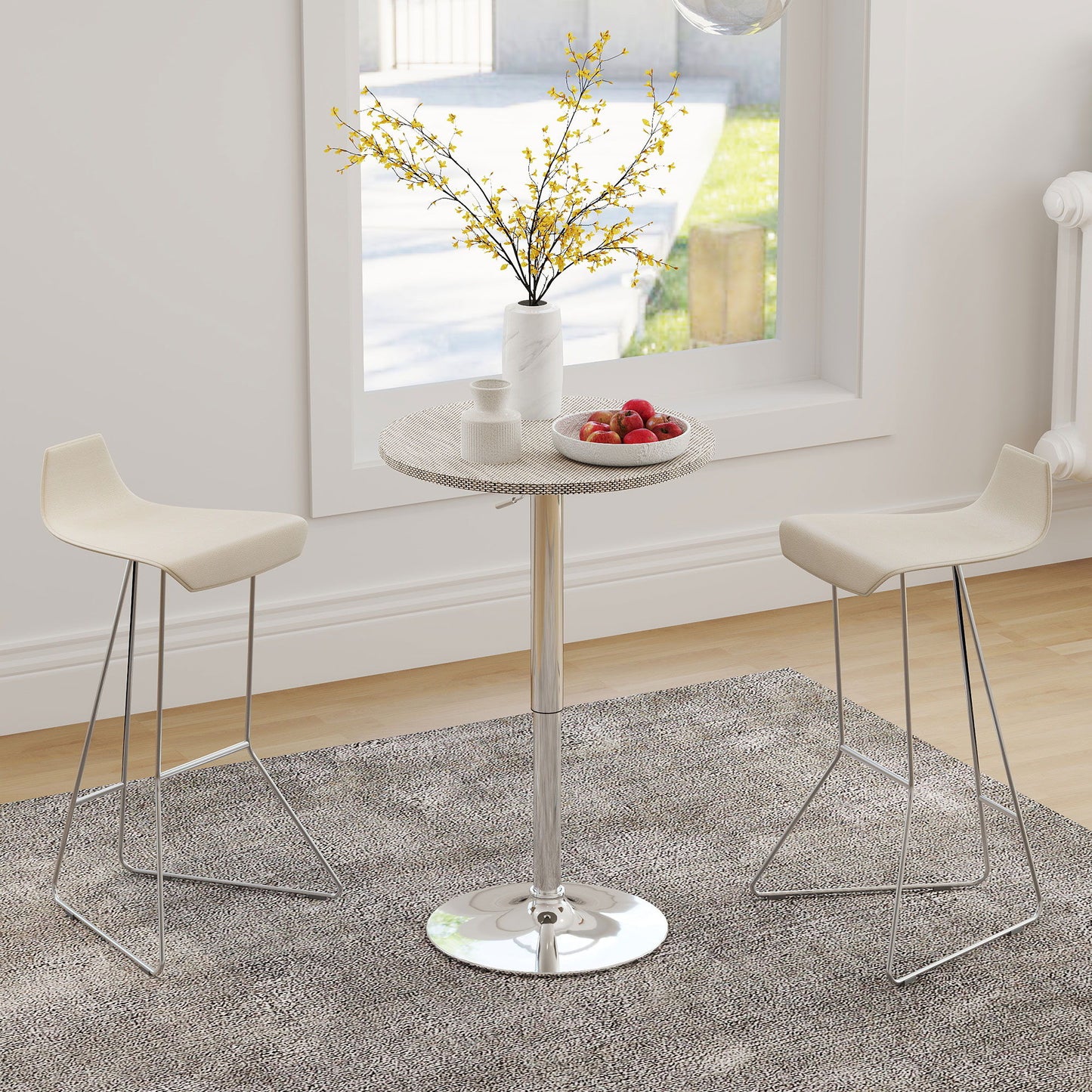 Adjustable Bar Table for 2, Round Pub Table with PE Rattan Top and Steel Base for Home Bar, Small Dining Room, Grey