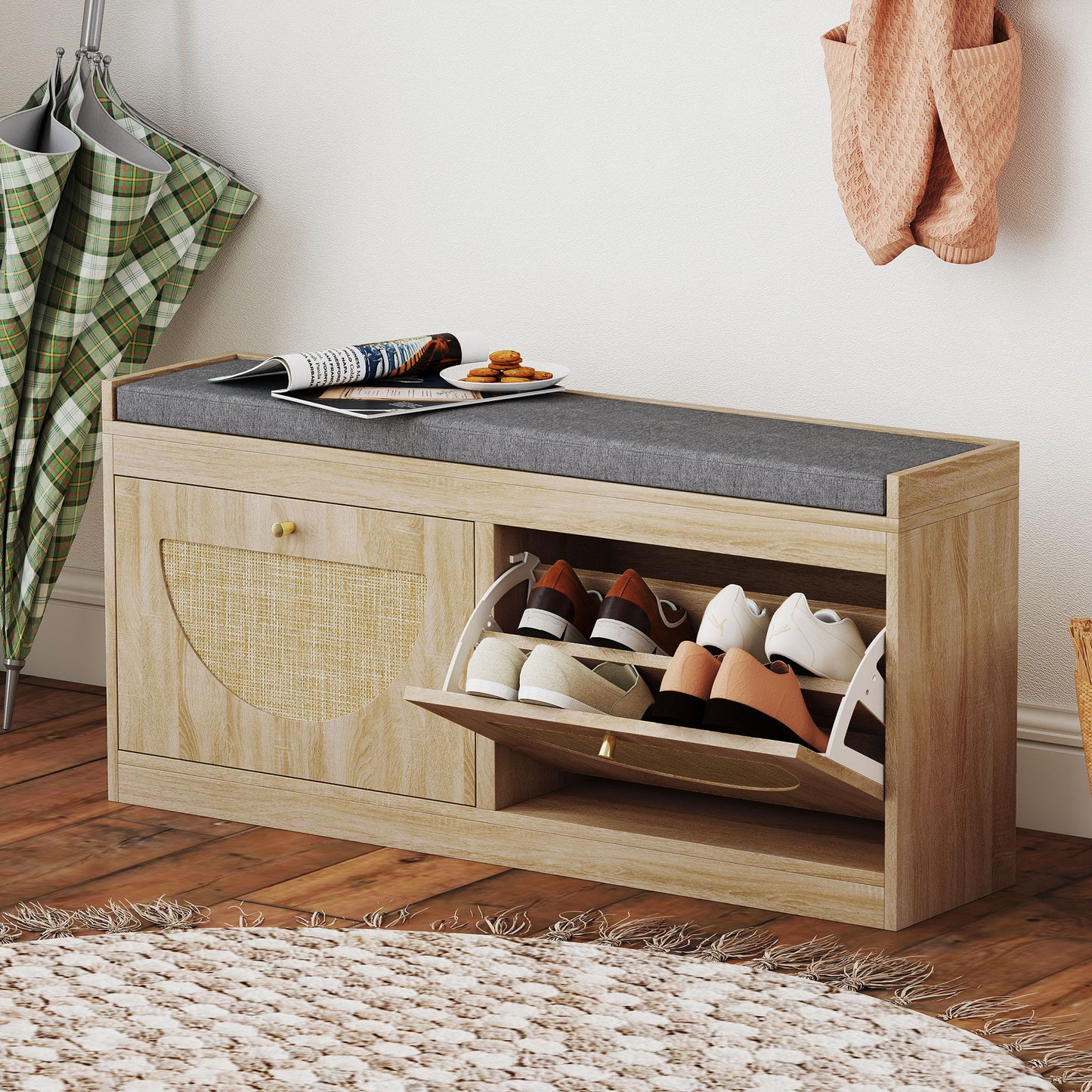 Shoe Bench with Flip Doors, Seat Cushion, Adjustable Shelves for 8 Pairs, Boho Entryway Bench for Bedroom, Natural Wood