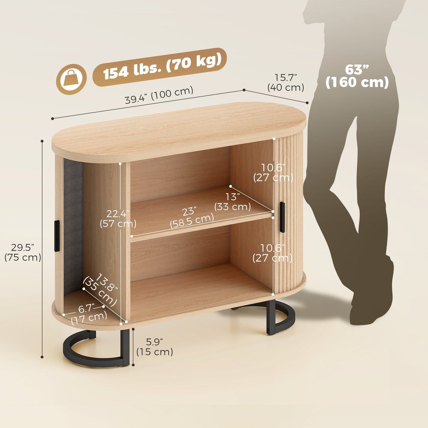 Sideboard Buffet Cabinet with Curved Tambour Doors - Natural Wood