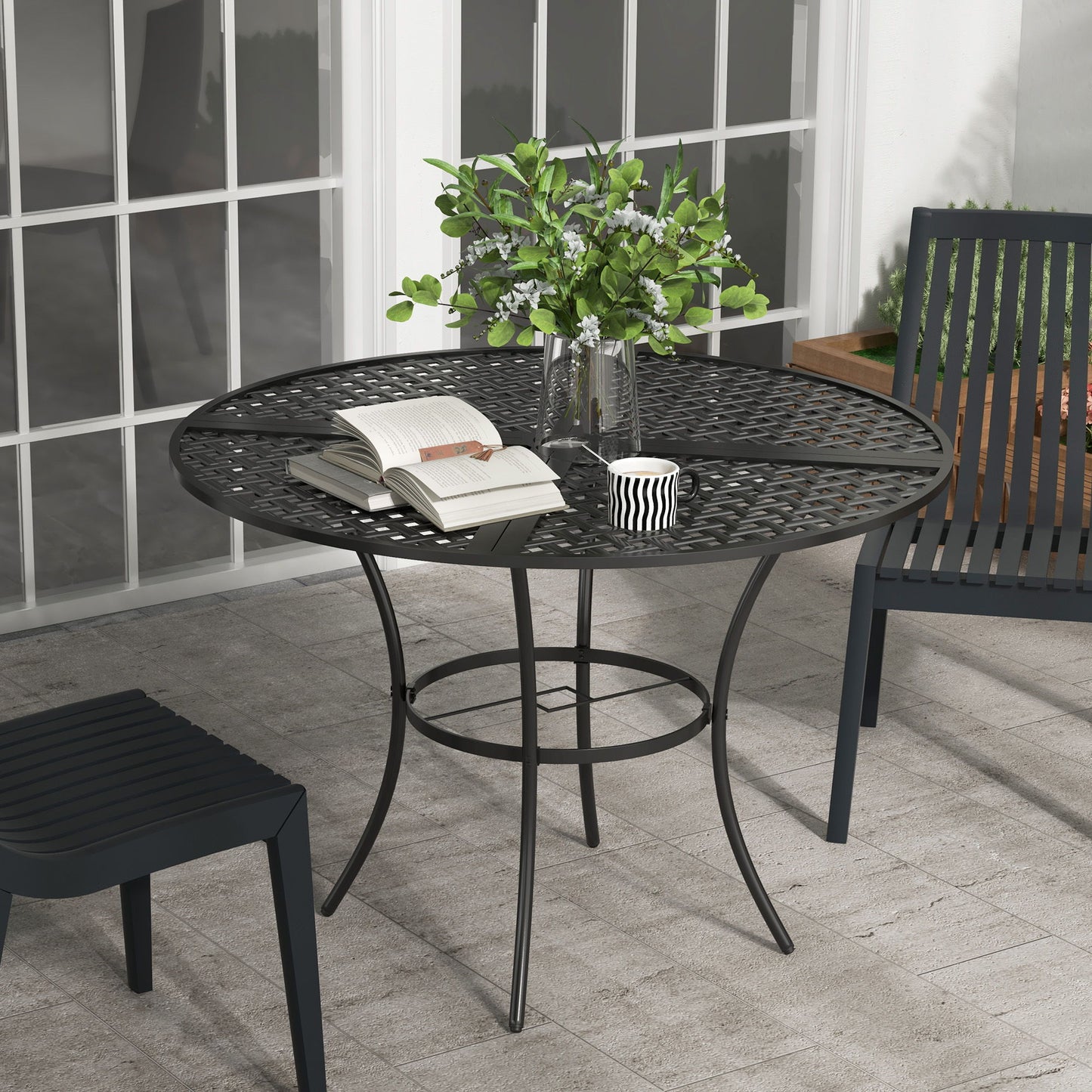 42" Round Outdoor Dining Table for 4 Persons, Metal Patio Dining Table with Umbrella Hole for Backyard, Lawn, Balcony