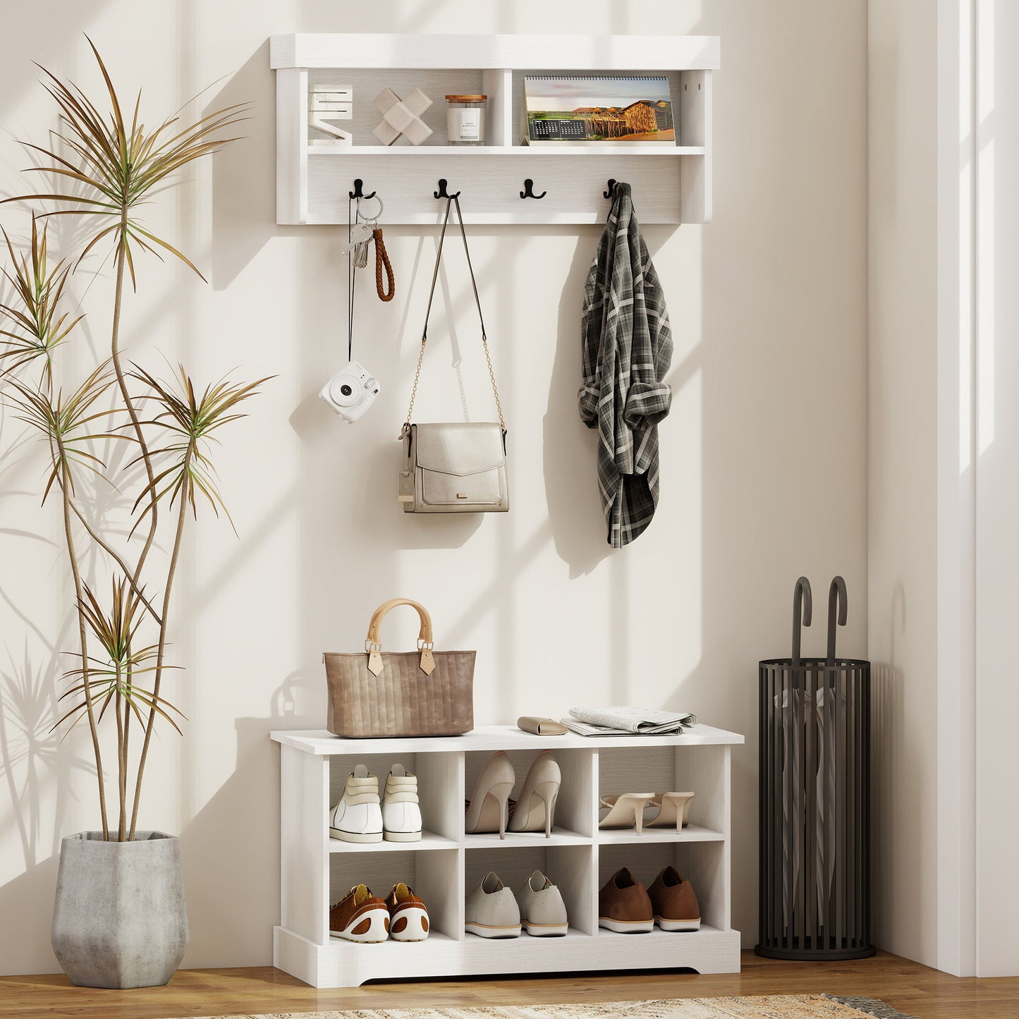 Coat Rack Shoe Bench Set, Entryway Shoe Bench with 8 Storage Cubbies, 4 Hooks for Hallway, Living Room, White
