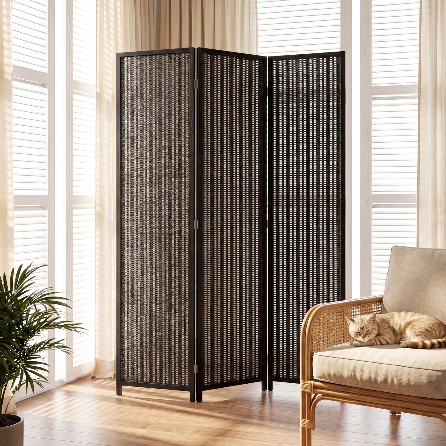 Folding Privacy Screen, 3 Panel Room Divider, Freestanding Partition with Handwoven Bamboo and Pine Wood Frame, Black