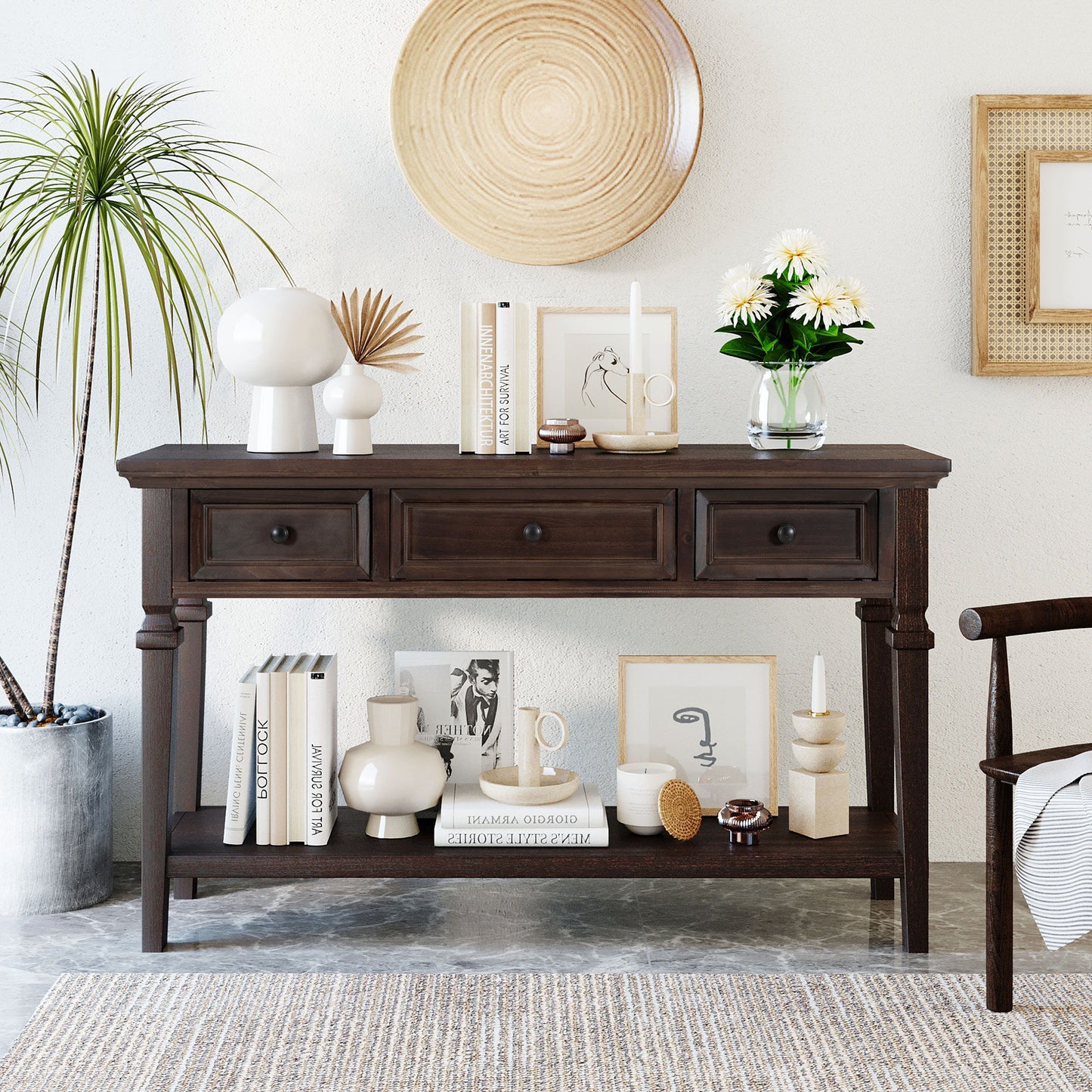 Classic Retro Console Table with 3 Drawers, Open Shelf, Pine Wood Frame, Perfect for Entryway, Living Room, 50" L x 15" W x 30" H, Dark Brown