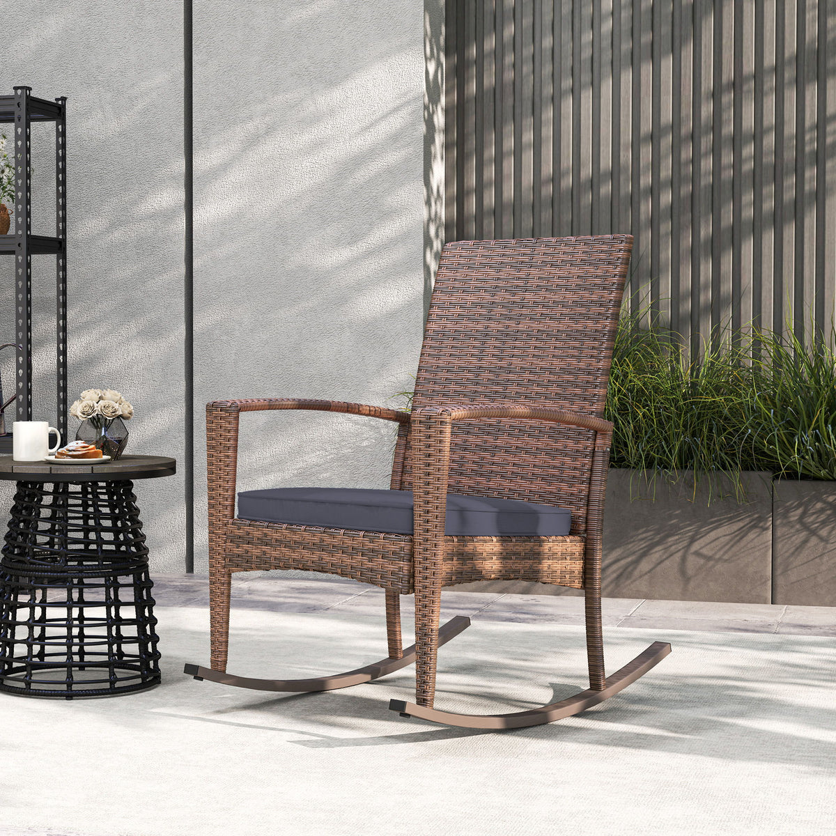 Outdoor PE Rattan Rocking Chair, Garden Glider Rocking Chair, Wicker Patio Chair Set with Armrest and Cushion, Dark Blue