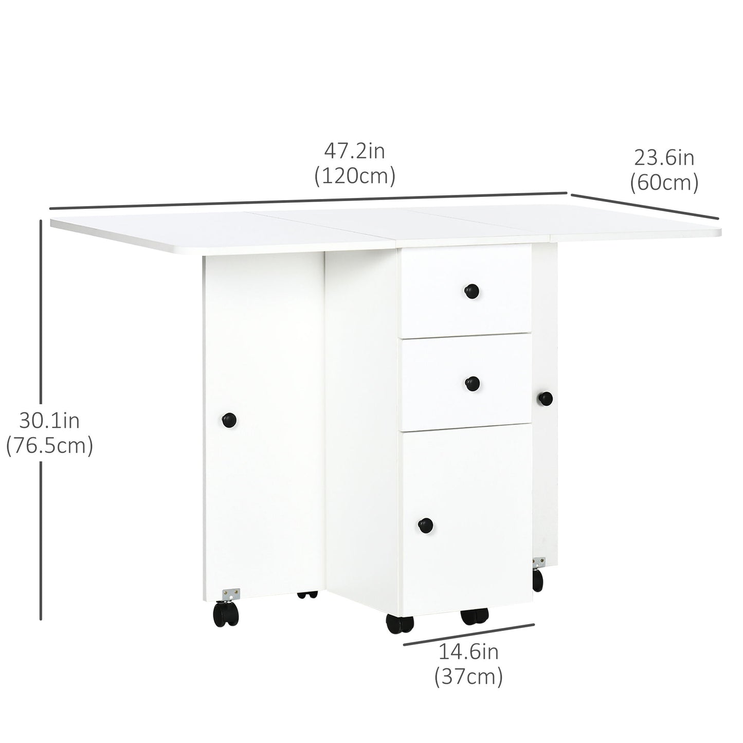 Foldable Dining Table, Rolling Kitchen Table with Storage Drawers and Cabinet, Drop Leaf Table on Wheels, White
