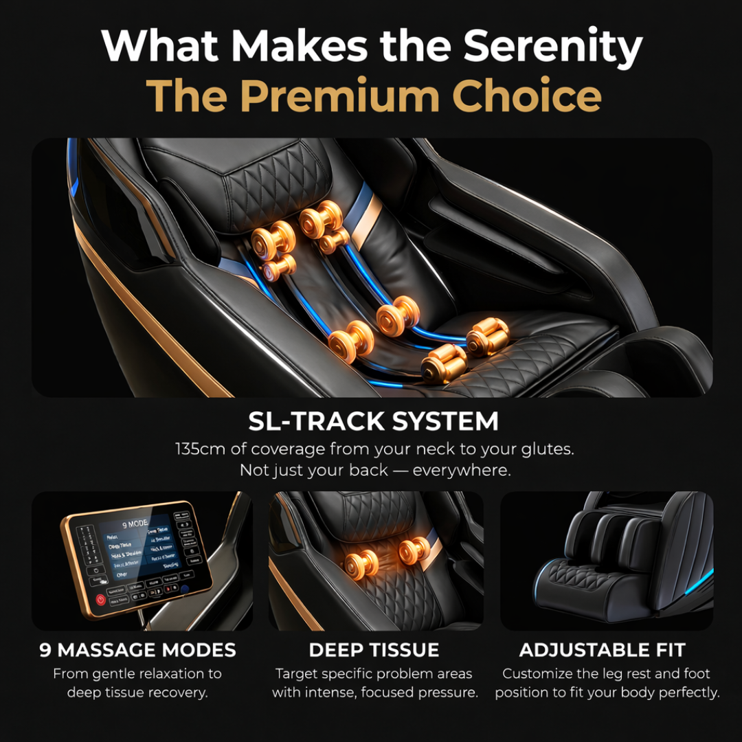 Serenity massage chair features infographic showing SL-track system, 9 massage modes, and adjustable fit