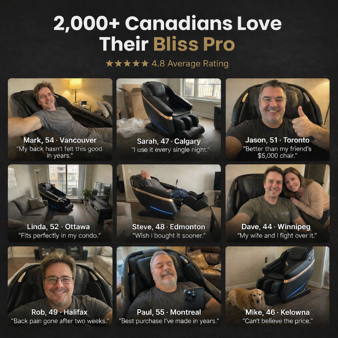 Promotional image of a massage chair with customer testimonials and ratings.