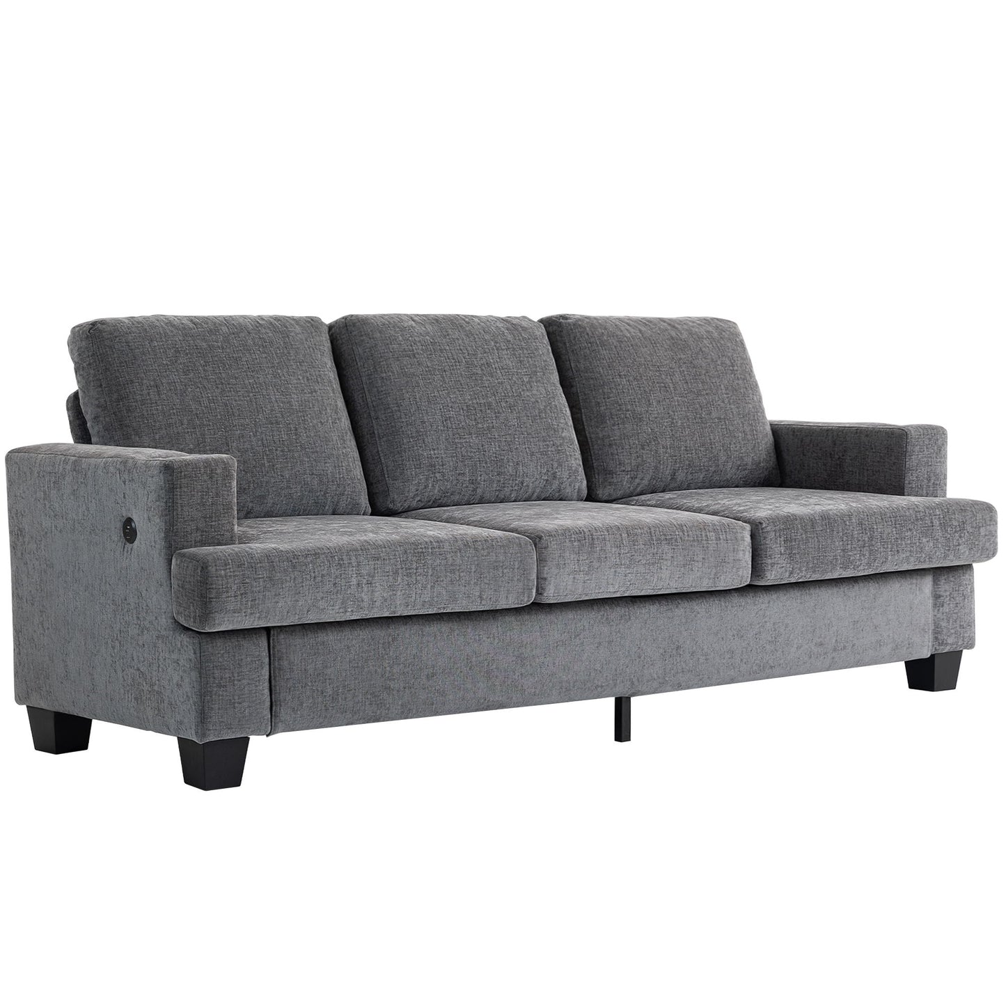 3 Seater Sofa with USB Ports & Cup Holders, Chenille-Feel Upholstered Couch for Living Room, Grey