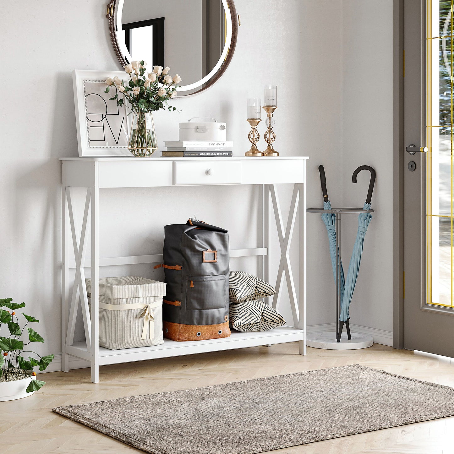 39" Console Table, 2 Tier X-Design Narrow Entryway Table with Drawer and Storage Shelf for Behind Couch, Living Room, Hallway, White