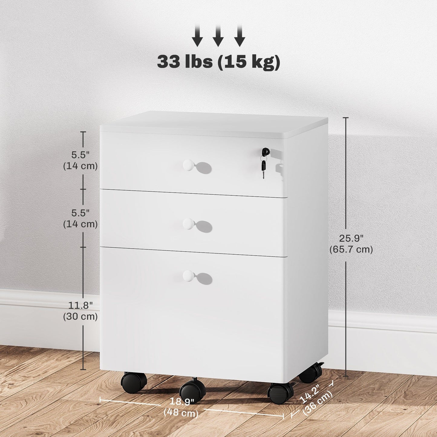 3-Drawer Filing Cabinet with Lock and Wheels - White