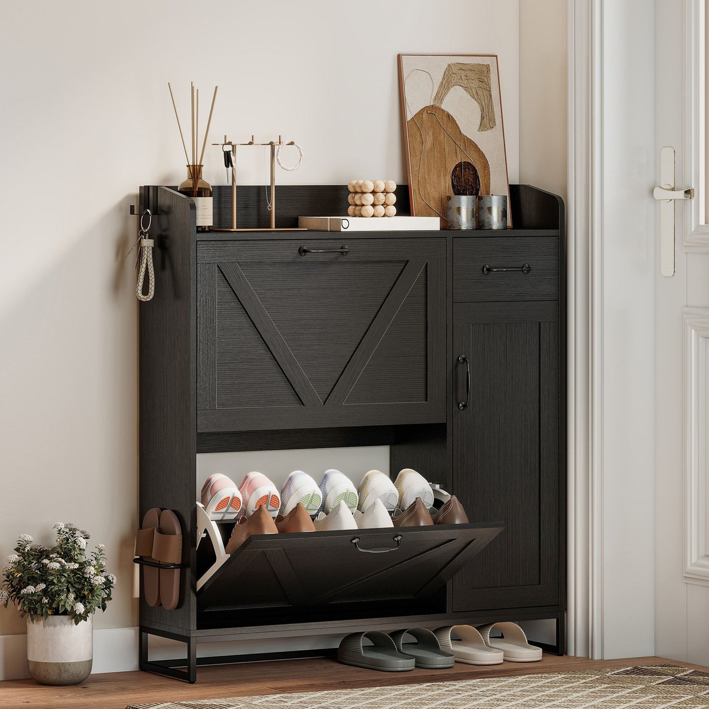Farmhouse Shoe Storage Cabinet with Side Cabinet and Adjustable Shelves for Entryway, Hallway, Holds 12 Pairs, Black