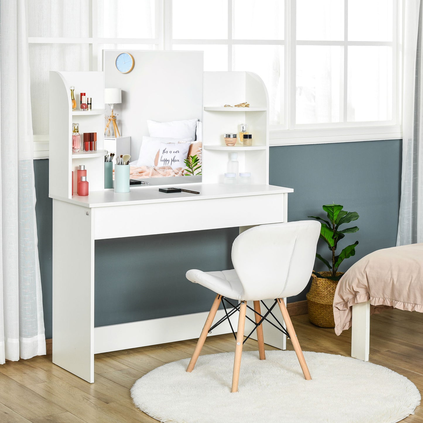 Vanity Table, Makeup Vanity with Open Shelves and Drawer, Dressing Table for Bedroom, White