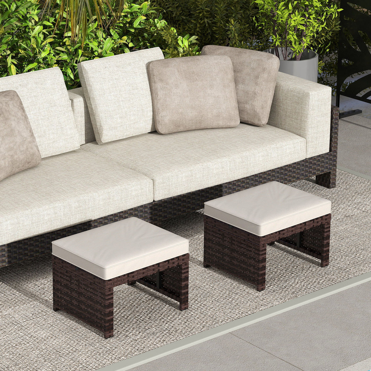 2 Pieces Wicker Outdoor Ottomans with Removable Cushions, Rattan Outdoor Seating, Footrest and Side Table, Khaki