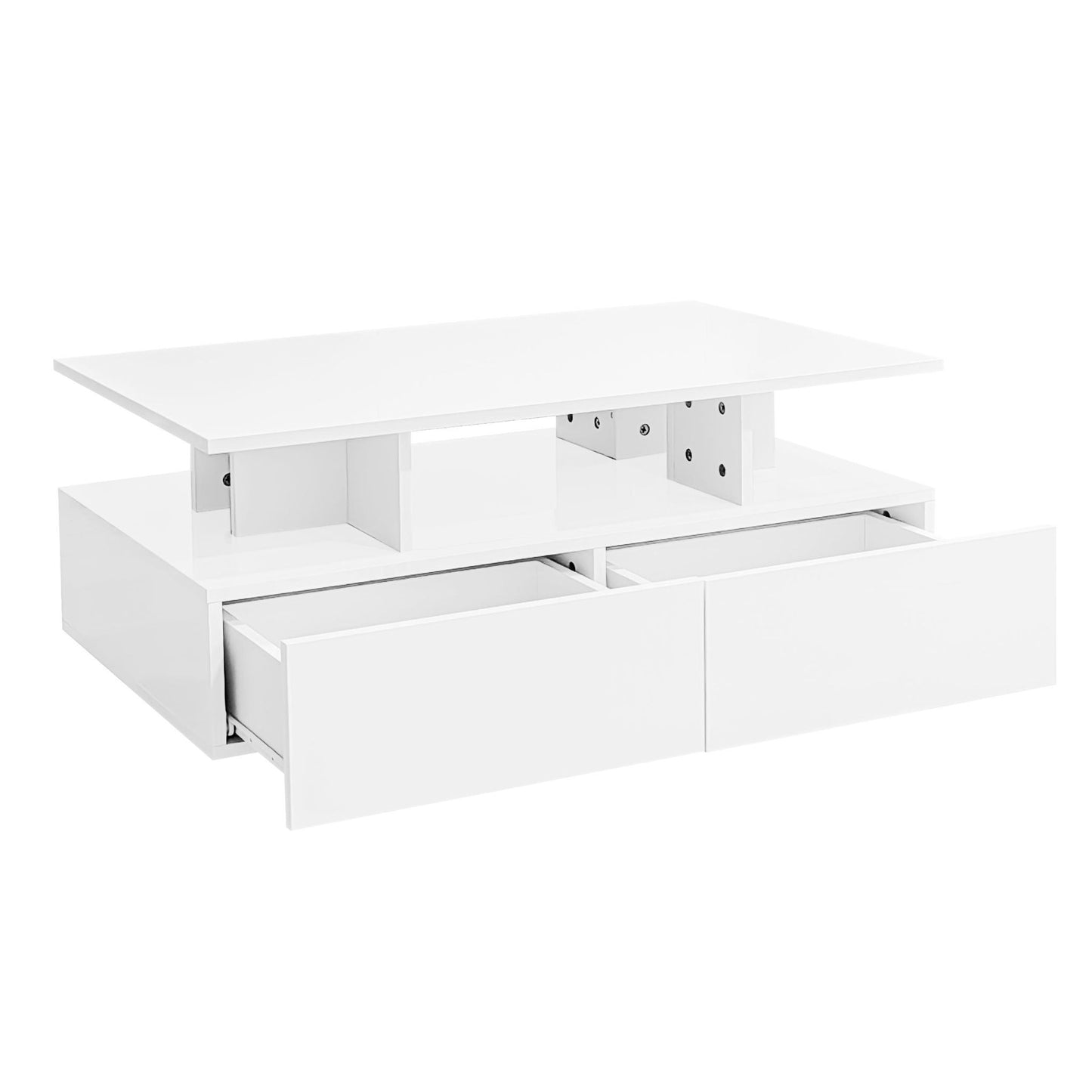 High-Gloss Coffee Table with Built-In LED Light and 2 Drawers, Minimalist Centre Table with Open Storage, 35.5'' L x 21.5'' W x 16'' H, White