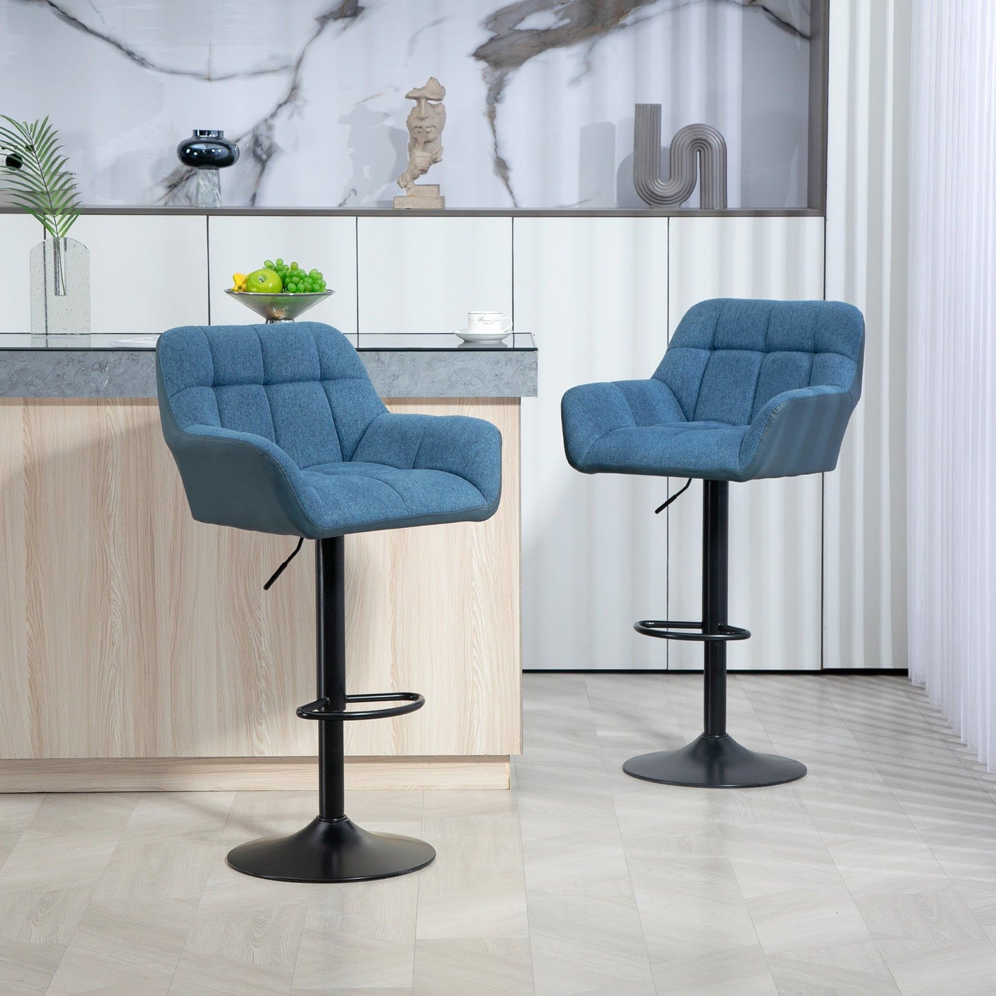 Swivel Bar Stools Set of 2, Adjustable PU Leather - Dark Blue