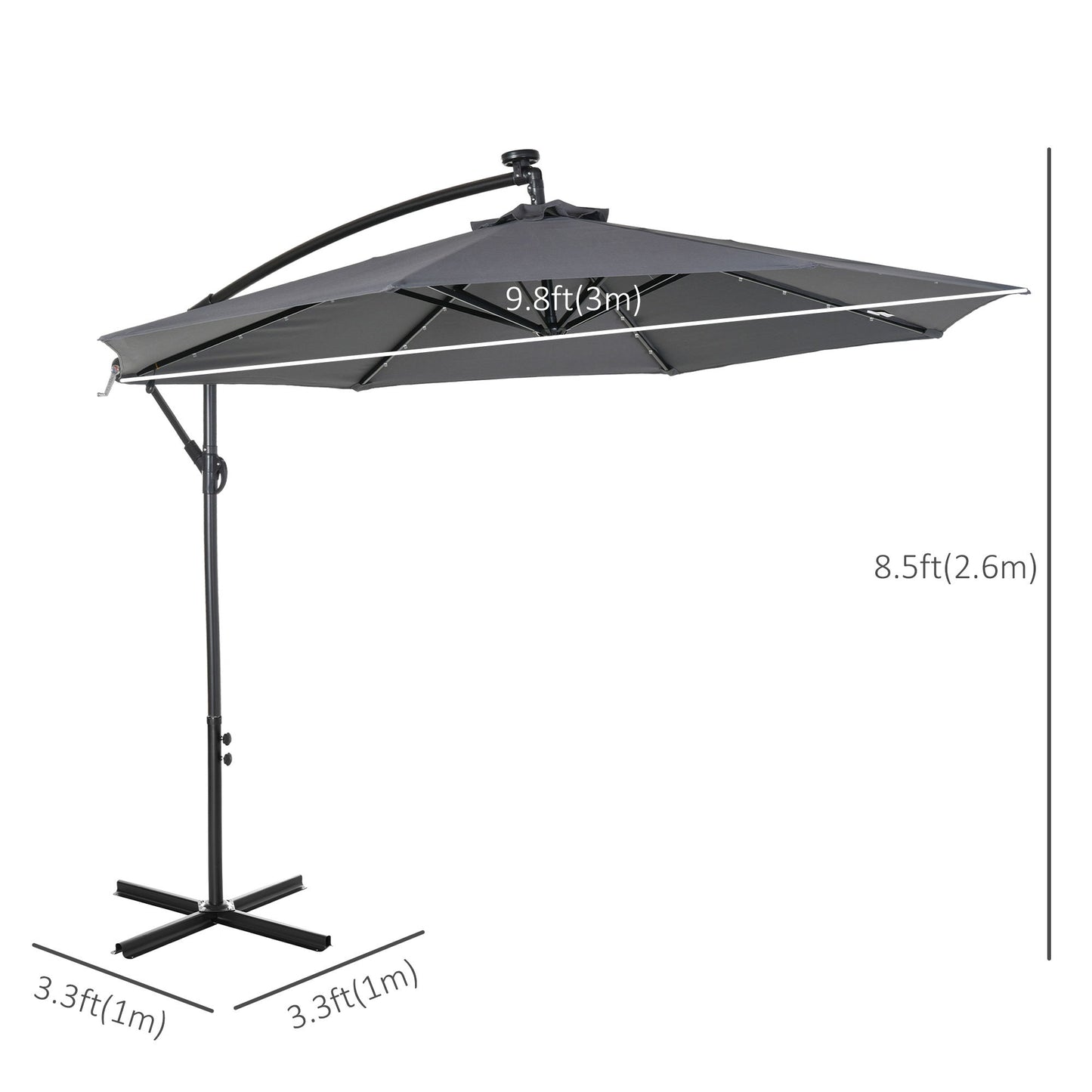 10ft Outdoor Cantilever Umbrella with Solar Lights, Banana Umbrella with Adjustable Angle for Patio, Backyard, Dark Gray