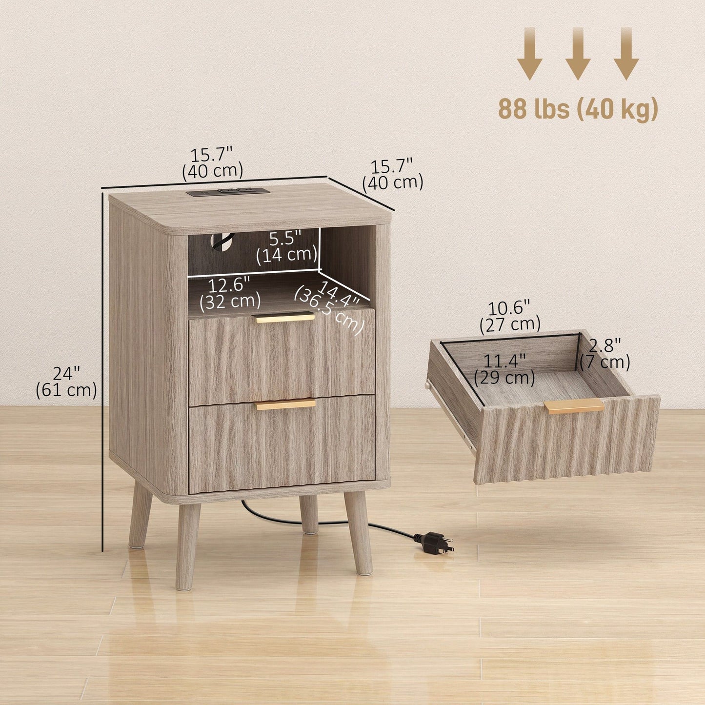 Nightstand Set of 2 with Charging Station - Grey
