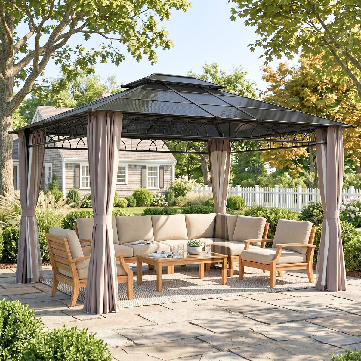 10' x 12' Outdoor Gazebo Canopy, Double Roof Hardtop Gazebo with Polycarbonate Roof, Steel Frame, Nettings and Curtains, for Garden, Lawn, Backyard and Deck, Khaki
