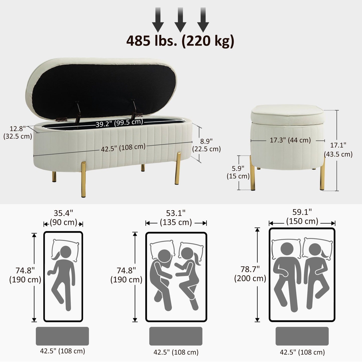 Channel Tufted Upholstered Bedroom Bench - Cream White