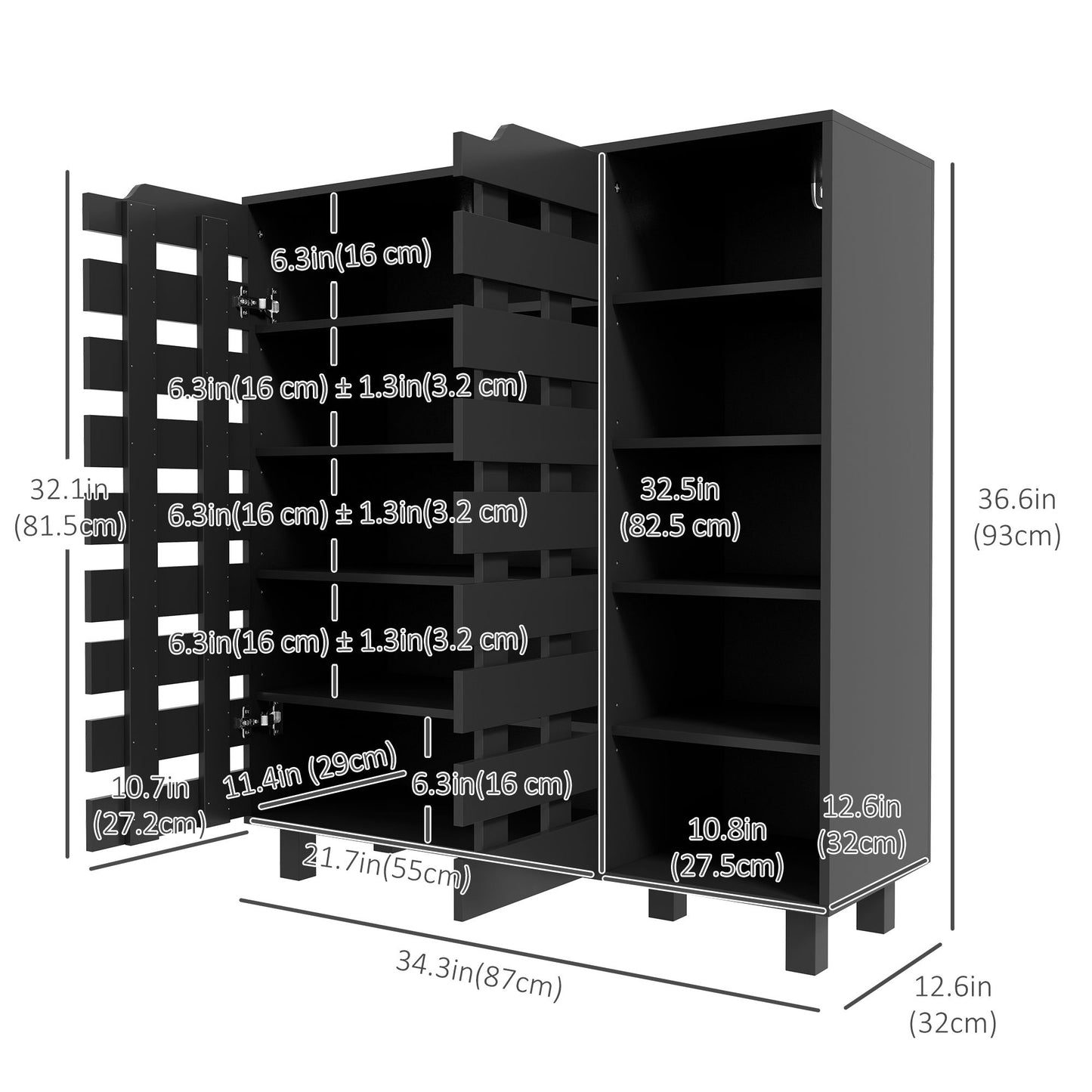 Shoe Cabinet, 21 Pair Shoe Storage Cabinet Organizer with 5-tier Double Door Cupboard and 5-tier Open Shelves, Black