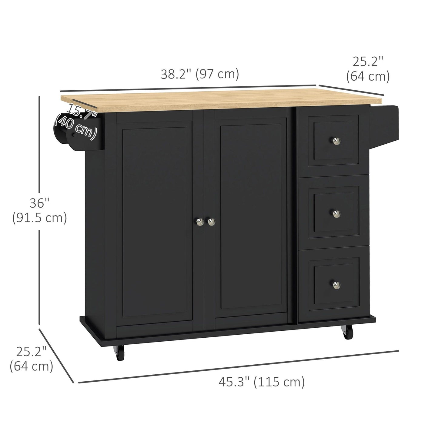 Kitchen Island Cart with Drop Leaf and Drawers - Black