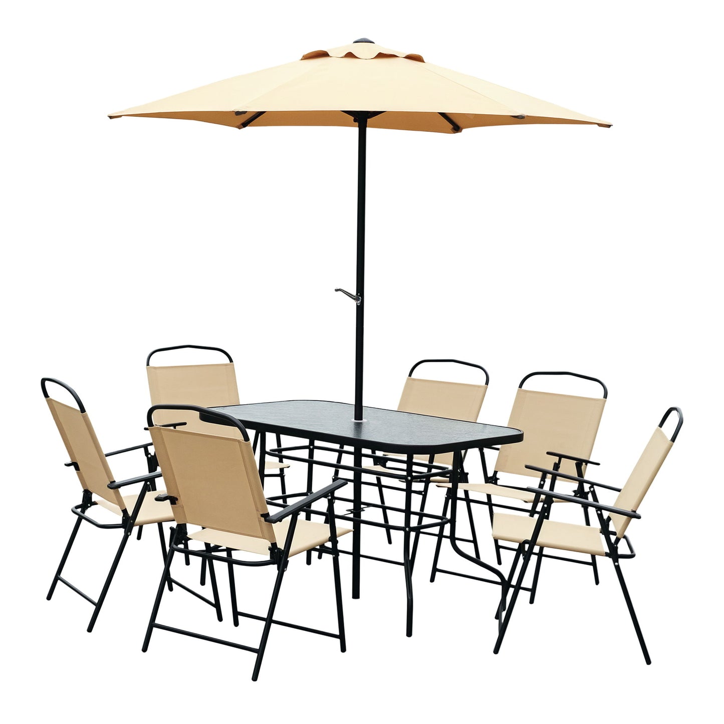 8 PCS Folding Patio Dining Set, Outdoor Bistro Set for 6, 47" Rectangle Table with 6 Folding Chairs, 7' Patio Umbrella with Crank, Outdoor Table Chair Set, Beige