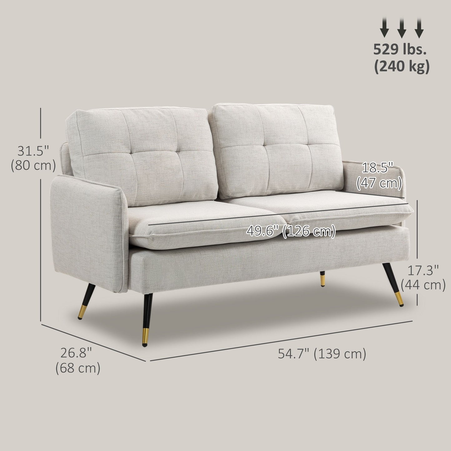 55" Loveseat Sofa, Linen Love Seat w/ S spring, Steel Legs and Button Tufting, Small Couch for Living Room, Cream White