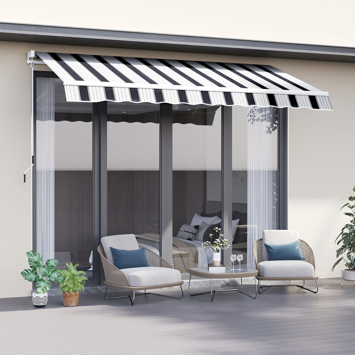 8' x 7' Retractable Awning, Patio Awnings, Sunshade Shelter with 280 g/m² UV & Water-Resistant Fabric and Aluminum Frame for Deck, Balcony, Yard, Blue and White