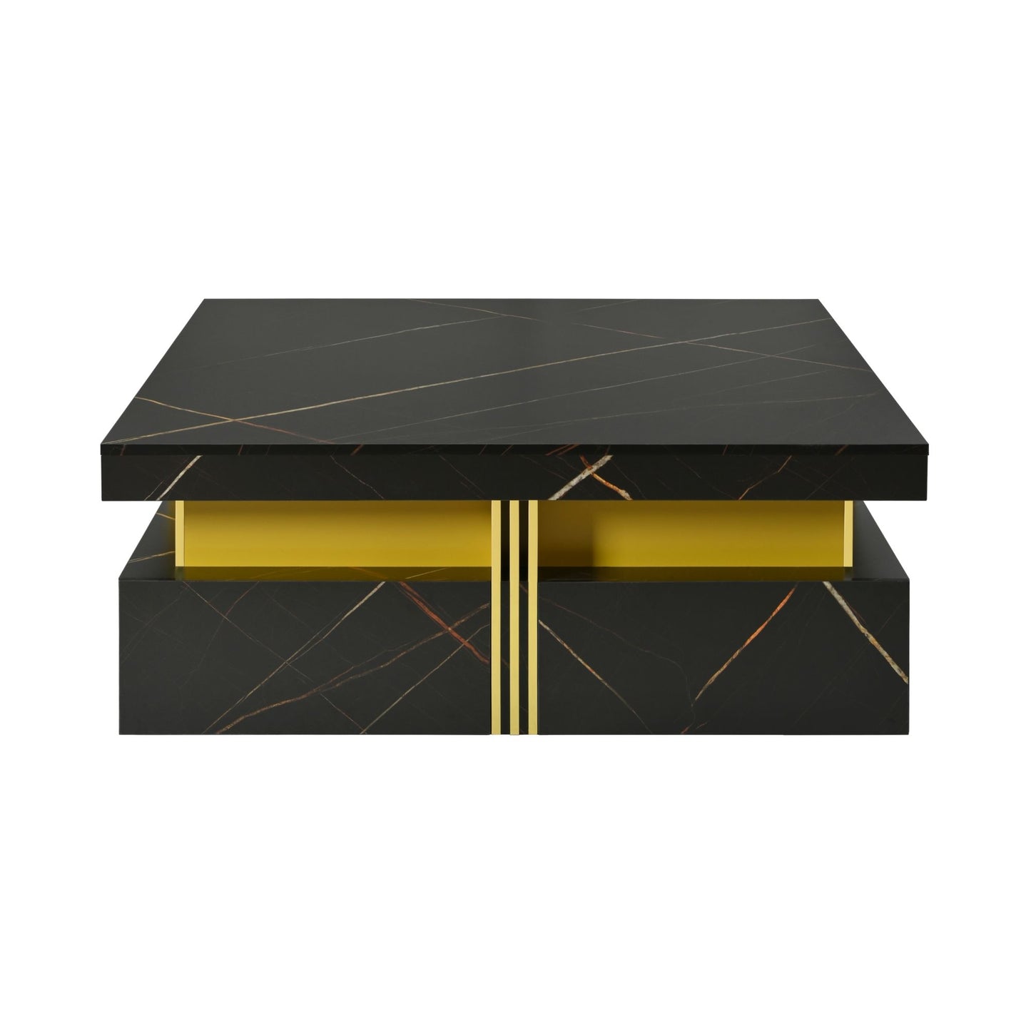 Modern Square Storage Coffee Table with 4 Functional Drawers, MDF Construction, Gold Accents, 43.5" L x 43.5" W x 16.5" H, Black+Gold