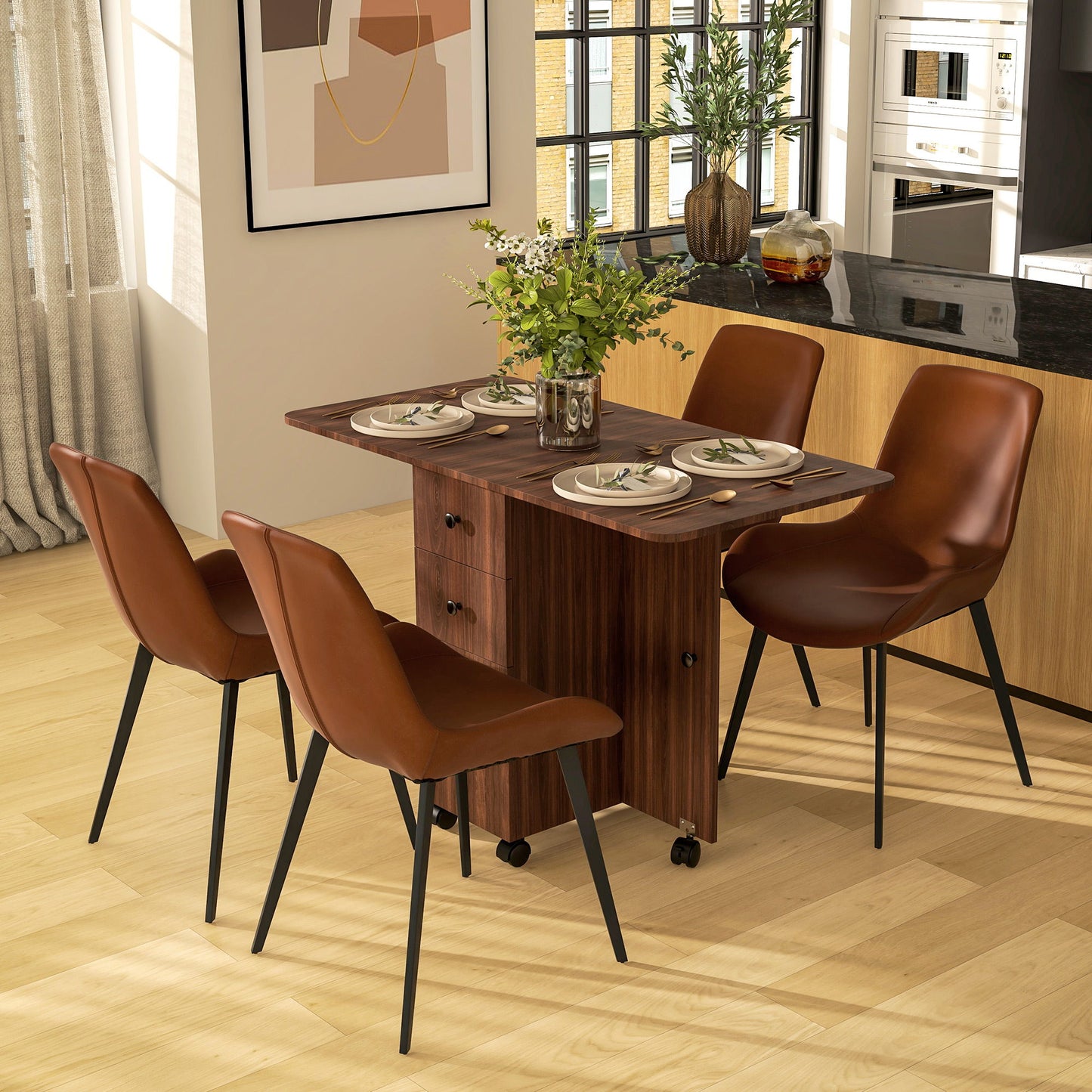 Drop Leaf Dining Table, Mobile Folding Table on Wheels with Drawers and Cabinet for Dining Room, Kitchen, Brown